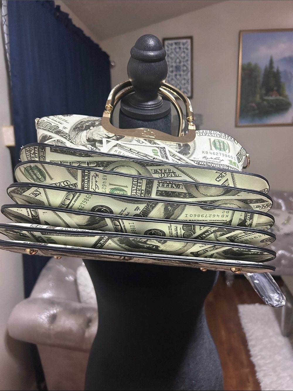 Money-Print Accordion Clutch in Green with Gold Accents